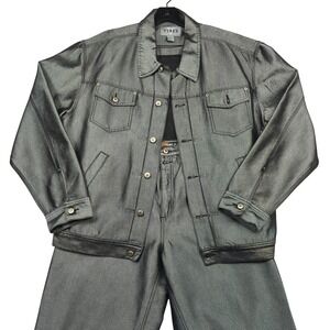 Vibes Mens Metallic Silver Denim Jacket Pants Set XL 36x32 Outfit Vintage HipHop